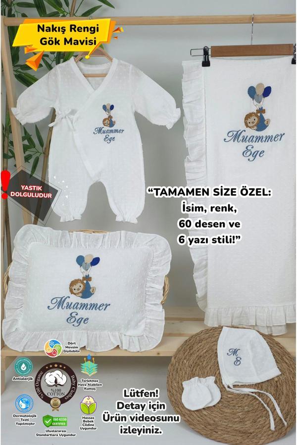 Gros Shop Müslin Yeni Doğan 4Katlı Organik %100Pamuk Kişiye Özgü Nakışlı Hastane Çıkış Seti (Balonlu Aslan) - Image 1