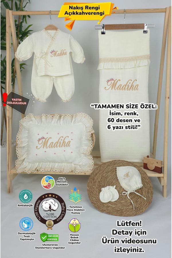 Gros Shop Müslin Yeni Doğan 4Katlı Organik %100Pamuk Kişiye Özgü Nakışlı Hastane Çıkış Seti (Papatya Model-10) - Image 1