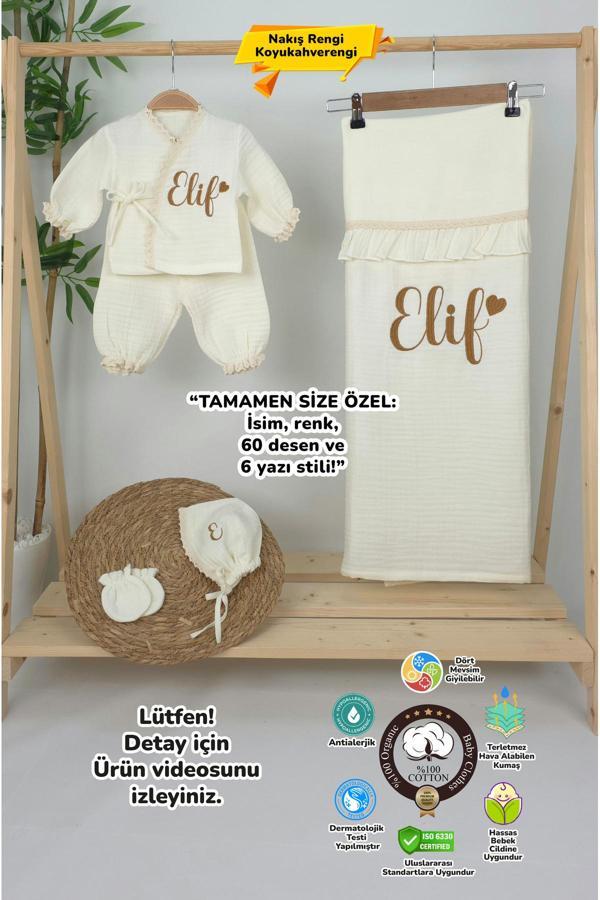 Gros Shop Müslin Yeni Doğan 4Katlı Organik %100Pamuk Kişiye Özgü Nakışlı Hastane Çıkış Seti (Kalpli Model-8) - Image 1