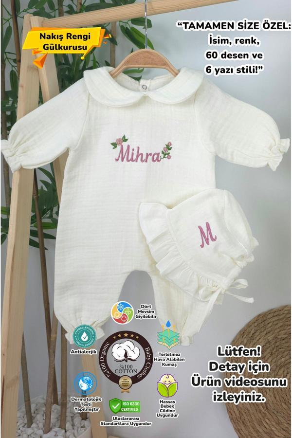Gros Shop Müslin Yeni Doğan 4Katlı Organik %100Pamuk Kişiye Özgü Nakışlı Hastane Çıkış Seti- Güllü Model-1 - Image 1