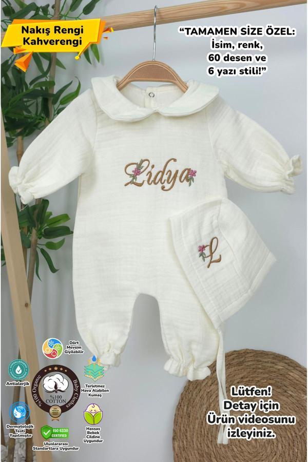 Gros Shop Müslin Yeni Doğan 4Katlı Organik %100Pamuk Kişiye Özgü Nakışlı Hastane Çıkış Seti (Papatya Model-9) - Image 1