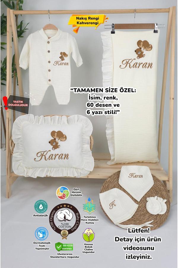 Gros Shop Müslin Yeni Doğan 4Katlı Organik %100Pamuk Kişiye Özgü Nakışlı Hastane Çıkış Seti (Ayıcık Model-6) - Image 1