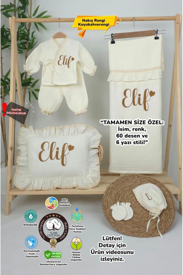 Gros Shop Müslin Yeni Doğan 4Katlı Organik %100Pamuk Kişiye Özgü Nakışlı Hastane Çıkış Seti (Kalpli Model-8) - Image 1