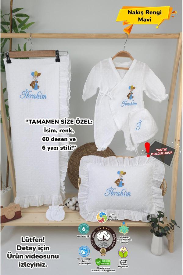 Gros Shop Müslin Yeni Doğan 4Katlı Organik %100Pamuk Kişiye Özgü Nakışlı Hastane Çıkış Seti-Ayıcık Model - Image 1