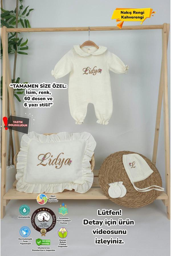 Gros Shop Müslin Yeni Doğan 4Katlı Organik %100Pamuk Kişiye Özgü Nakışlı Hastane Çıkış Seti (Papatya Model-9) - Image 1