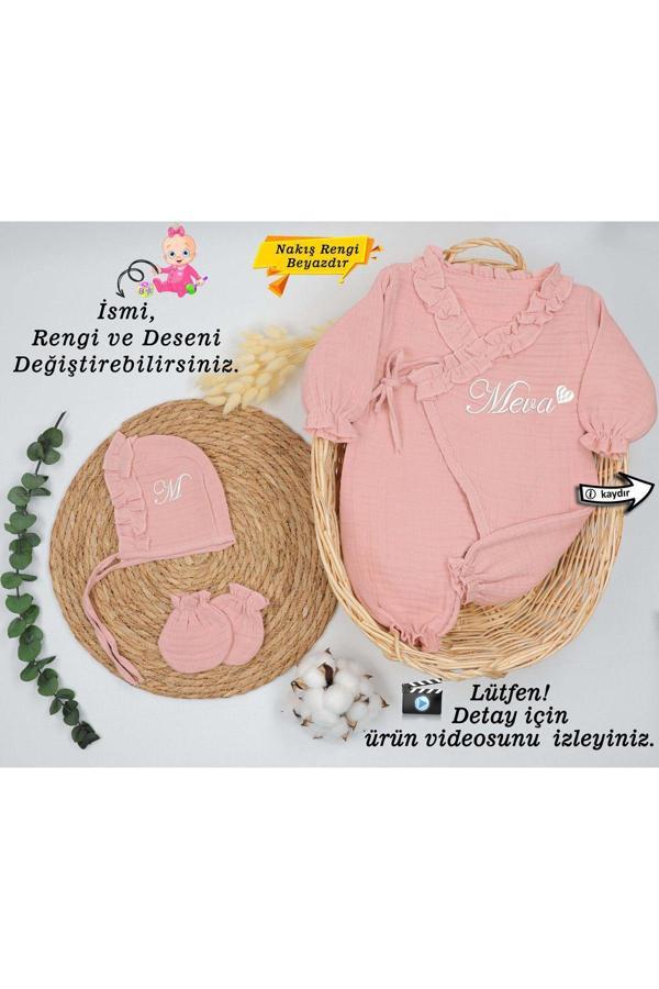 Gros Shop %100 Pamuk Organik 4 Katlı Müslin Kumaş 3'Lü Hastane Çıkış Seti (Kişiye Özgü İsimli Nakış Desenli) - Image 1