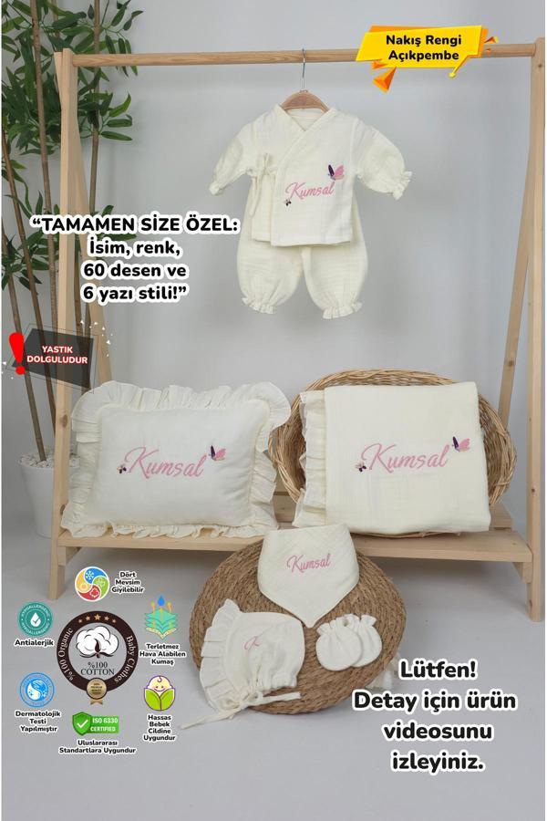 Gros Shop Müslin Yeni Doğan 4Katlı Organik %100Pamuk Kişiye Özgü Nakışlı Hastane Çıkış Seti (Kelebek Model-2) - Image 1
