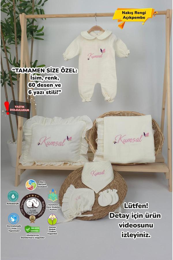 Gros Shop Müslin Yeni Doğan 4Katlı Organik %100Pamuk Kişiye Özgü Nakışlı Hastane Çıkış Seti (Kelebek Model-2) - Image 1