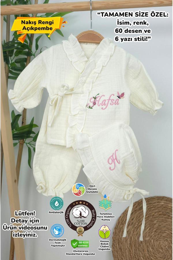Gros Shop Müslin Yeni Doğan 4Katlı Organik %100Pamuk Kişiye Özgü Nakışlı Hastane Çıkış Seti(Kelebekli Papatya) - Image 1