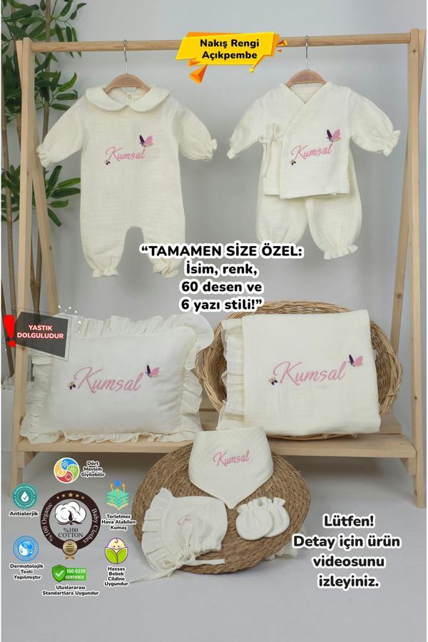 Gros Shop Müslin Yeni Doğan 4Katlı Organik %100Pamuk Kişiye Özgü Nakışlı Hastane Çıkış Seti (Kelebek Model-2) - Image 1