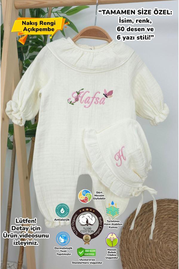 Gros Shop Müslin Yeni Doğan 4Katlı Organik %100Pamuk Kişiye Özgü Nakışlı Hastane Çıkış Seti(Kelebekli Papatya) - Image 1