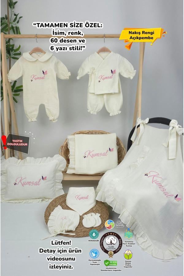 Gros Shop Müslin Yeni Doğan 4Katlı Organik %100Pamuk Kişiye Özgü Nakışlı Hastane Çıkış Seti (Kelebek Model-2) - Image 1