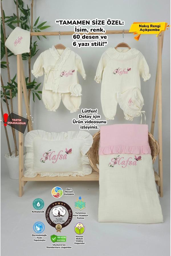 Gros Shop Müslin Yeni Doğan 4Katlı Organik %100Pamuk Kişiye Özgü Nakışlı Hastane Çıkış Seti(Kelebekli Papatya) - Image 1