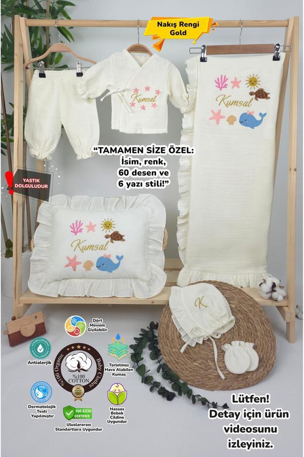 Gros Shop Müslin Yeni Doğan 4Katlı Organik %100Pamuk Kişiye Özgü Nakışlı Hastane Çıkış Seti(Okyanus Model-2) - Image 1