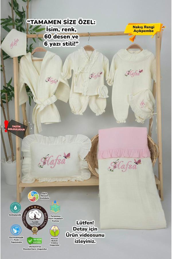 Gros Shop Müslin Yeni Doğan 4Katlı Organik %100Pamuk Kişiye Özgü Nakışlı Hastane Çıkış Seti(Kelebekli Papatya) - Image 1