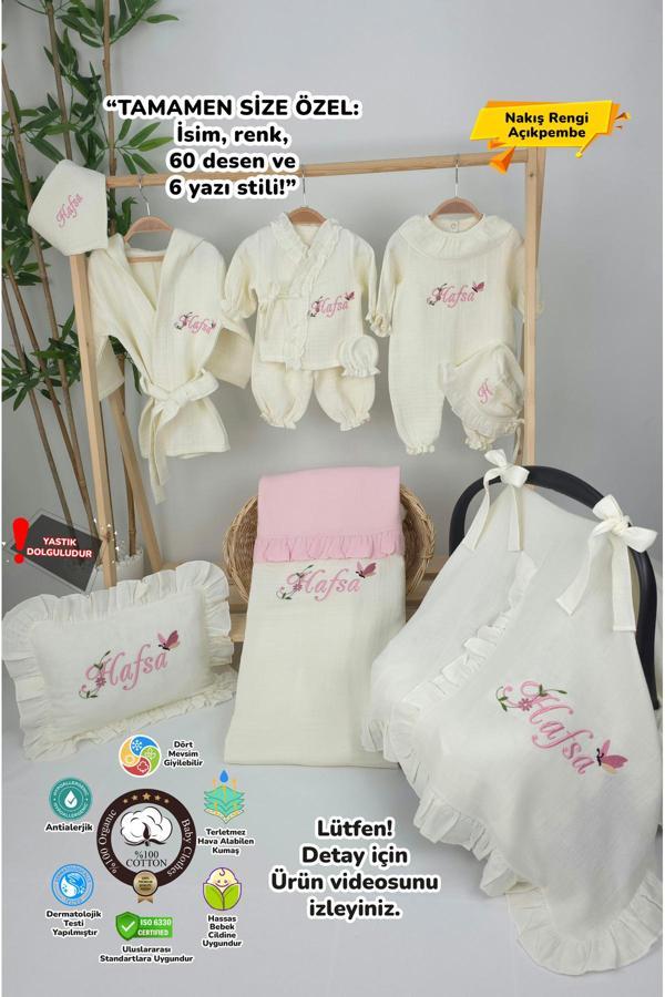 Gros Shop Müslin Yeni Doğan 4Katlı Organik %100Pamuk Kişiye Özgü Nakışlı Hastane Çıkış Seti(Kelebekli Papatya) - Image 1