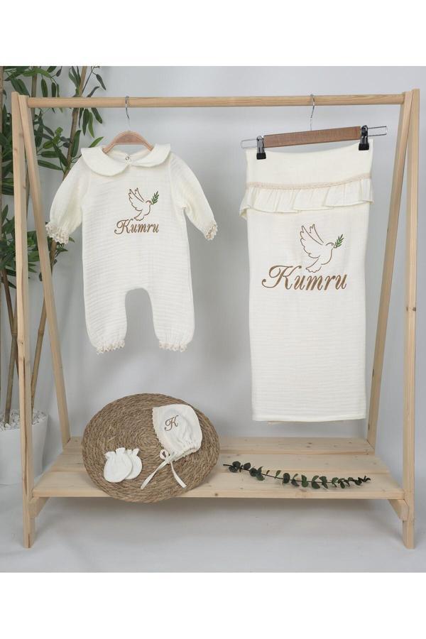 Gros Shop Müslin Yeni Doğan 4Katlı Organik %100Pamuk Kişiye Özgü Nakışlı Hastane Çıkış Seti (Kuş Model-2) - Image 1