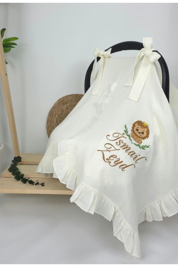 Gros Shop Müslin Yeni Doğan 4Katlı Organik %100Pamuk Kişiye Özgü Nakışlı Hastane Çıkış Seti (Aslan Model-2) - Image 1