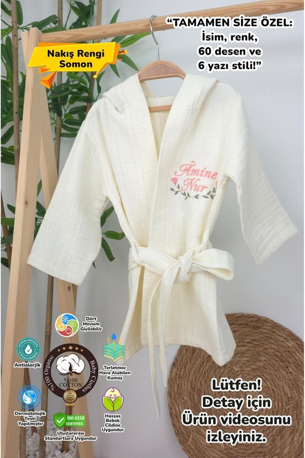 Gros Shop Müslin Yeni Doğan 4Katlı Organik %100Pamuk Kişiye Özgü Nakışlı Hastane Çıkış Seti (Çiçek Model-2) - Image 1