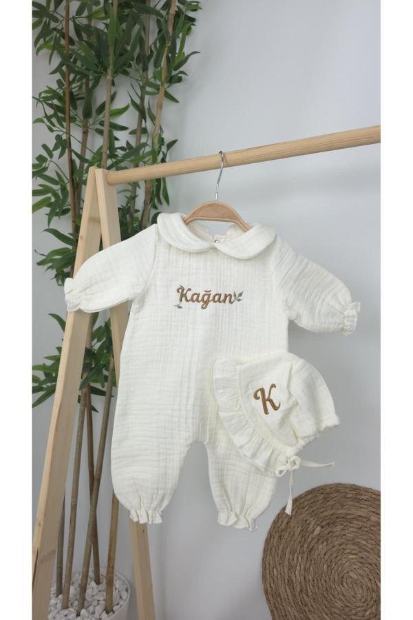 Gros Shop Müslin Yeni Doğan 4Katlı Organik %100Pamuk Kişiye Özgü Nakışlı Hastane Çıkış Seti (Yaprak Desen-2) - Image 1