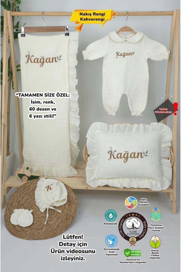 Gros Shop Müslin Yeni Doğan 4Katlı Organik %100Pamuk Kişiye Özgü Nakışlı Hastane Çıkış Seti (Yaprak Desen-2) - Image 1