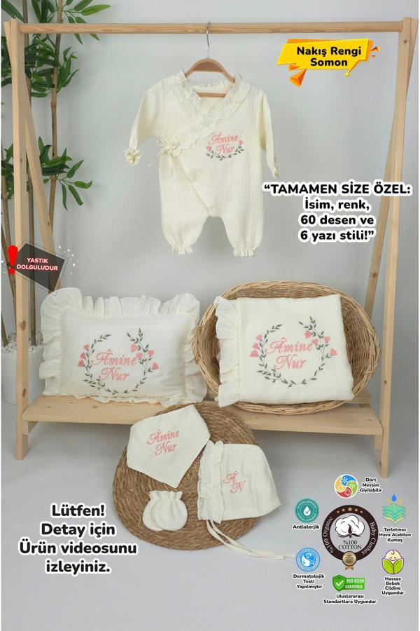 Gros Shop Müslin Yeni Doğan 4Katlı Organik %100Pamuk Kişiye Özgü Nakışlı Hastane Çıkış Seti (Çiçek Model-2) - Image 1