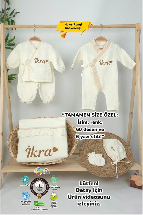 Gros Shop Müslin Yeni Doğan 4Katlı Organik %100Pamuk Kişiye Özgü Nakışlı Hastane Çıkış Seti (Kalpli Model-6) - Image 1