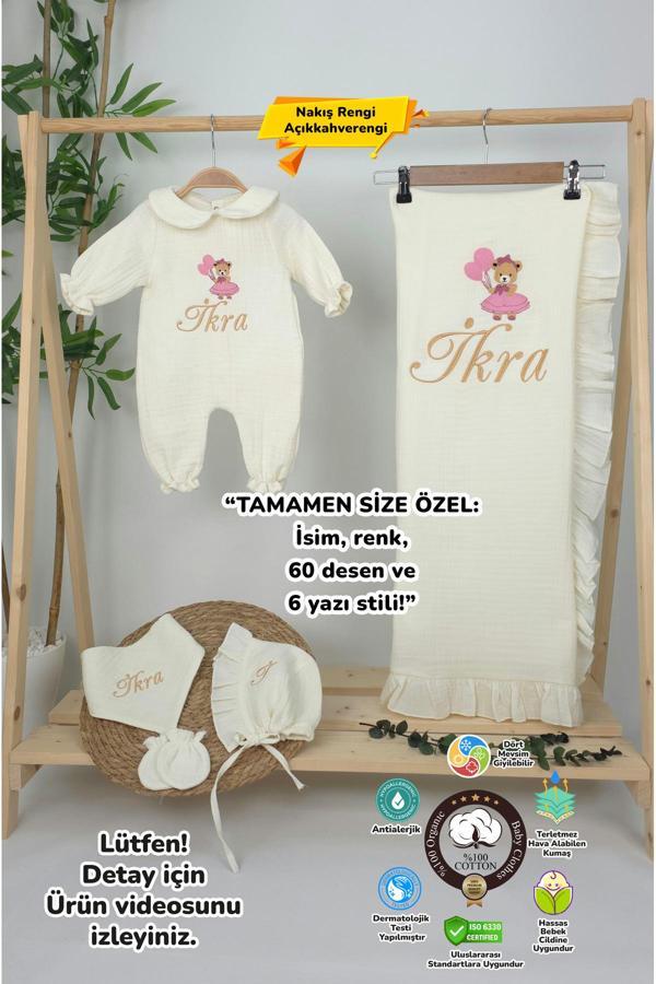 Gros Shop Müslin Yeni Doğan 4Katlı Organik %100Pamuk Kişiye Özgü Nakışlı Hastane Çıkış Seti (Ayıcık Model-5) - Image 1