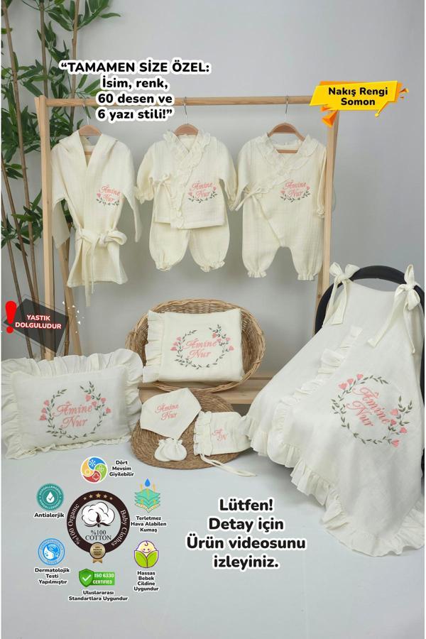 Gros Shop Müslin Yeni Doğan 4Katlı Organik %100Pamuk Kişiye Özgü Nakışlı Hastane Çıkış Seti (Çiçek Model-2) - Image 1