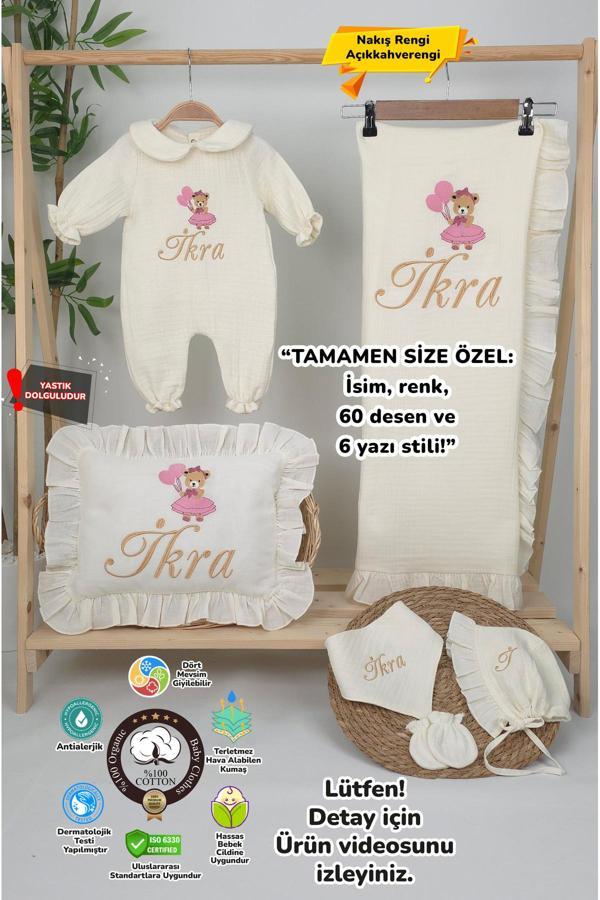 Gros Shop Müslin Yeni Doğan 4Katlı Organik %100Pamuk Kişiye Özgü Nakışlı Hastane Çıkış Seti (Ayıcık Model-5) - Image 1