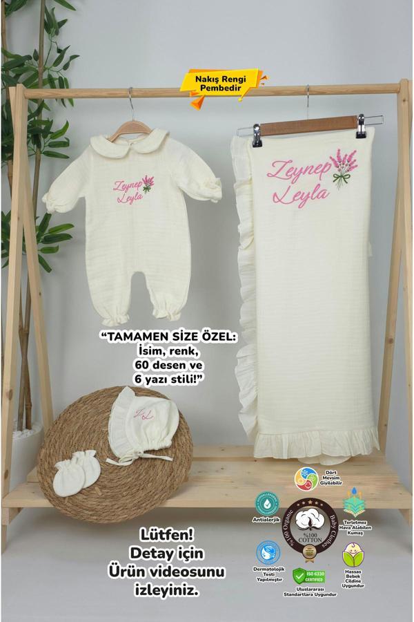 Gros Shop Müslin Yeni Doğan 4Katlı Organik %100Pamuk Kişiye Özgü Nakışlı Hastane Çıkış Seti (Lavanta Model-2) - Image 1