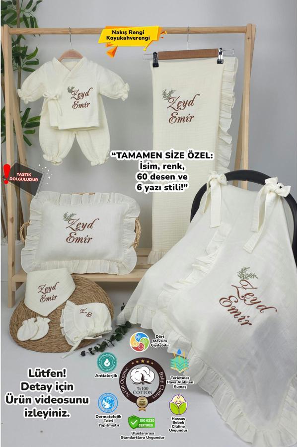 Gros Shop Müslin Yeni Doğan 4Katlı Organik %100Pamuk Kişiye Özgü Nakışlı Hastane Çıkış Seti(İkili Dal Model-5) - Image 1