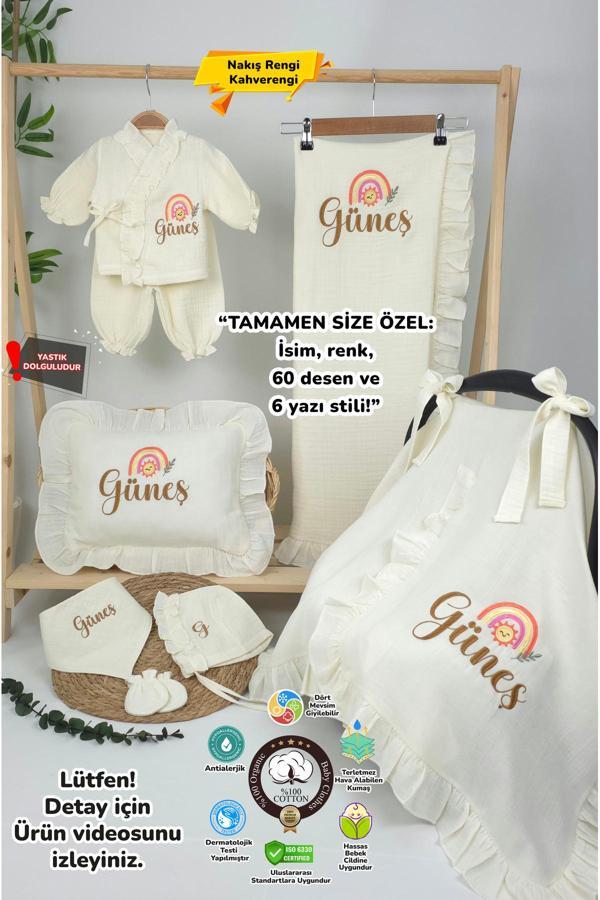 Gros Shop Müslin Yeni Doğan 4Katlı Organik %100Pamuk Kişiye Özgü Nakışlı Hastane Çıkış Seti(Gökkuşağı Model-3) - Image 1