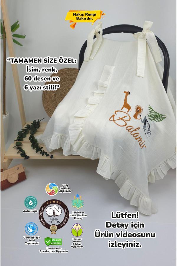 Gros Shop Müslin Yeni Doğan 4Katlı Organik %100Pamuk Kişiye Özgü Nakışlı Hastane Çıkış Seti-Safari Model - Image 1