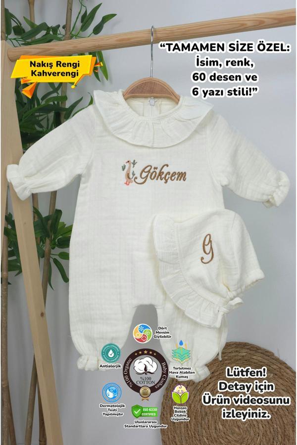 Gros Shop Müslin Yeni Doğan 4Katlı Organik %100Pamuk Kişiye Özgü Nakışlı Hastane Çıkış Seti(Ördek Model-1) - Image 1