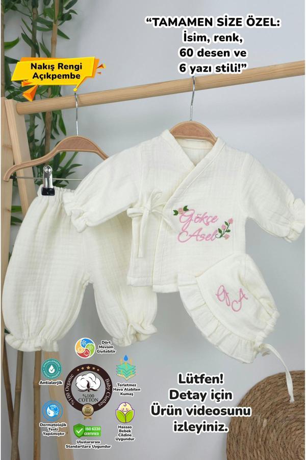 Gros Shop Müslin Yeni Doğan 4Katlı Organik %100Pamuk Kişiye Özgü Nakışlı Hastane Çıkış Seti (Güllü Model-2) - Image 1