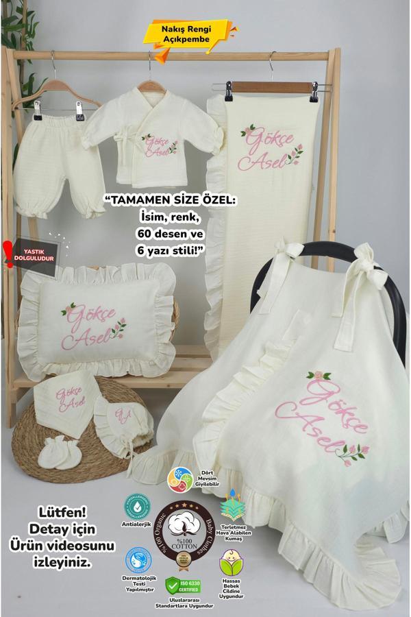 Gros Shop Müslin Yeni Doğan 4Katlı Organik %100Pamuk Kişiye Özgü Nakışlı Hastane Çıkış Seti (Güllü Model-2) - Image 1