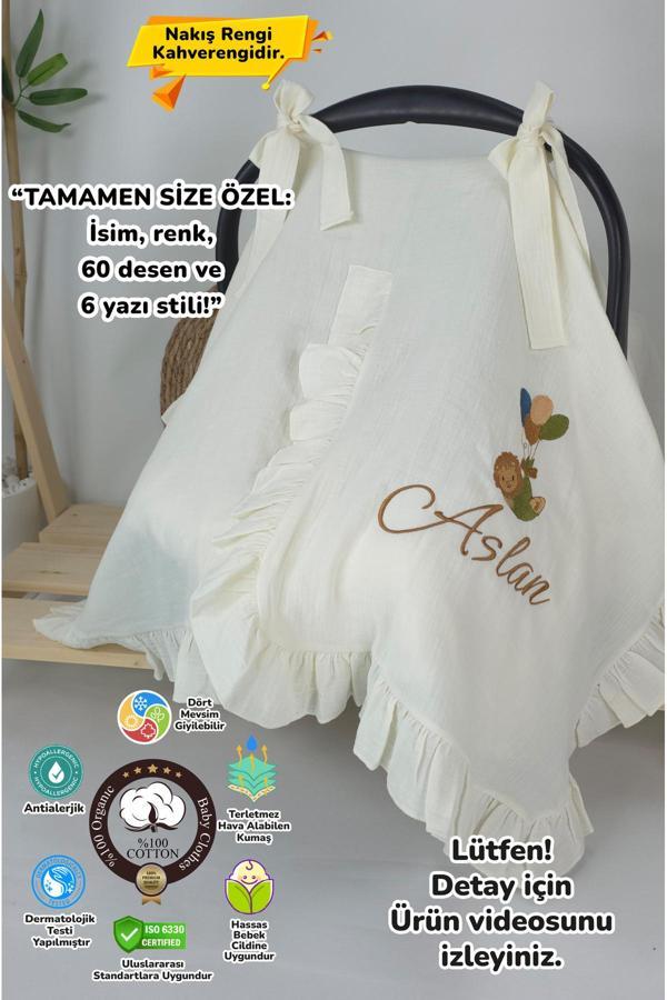 Gros Shop Müslin Yeni Doğan 4Katlı Organik %100Pamuk Kişiye Özgü Nakışlı Hastane Çıkış Seti-Aslan Model - Image 1