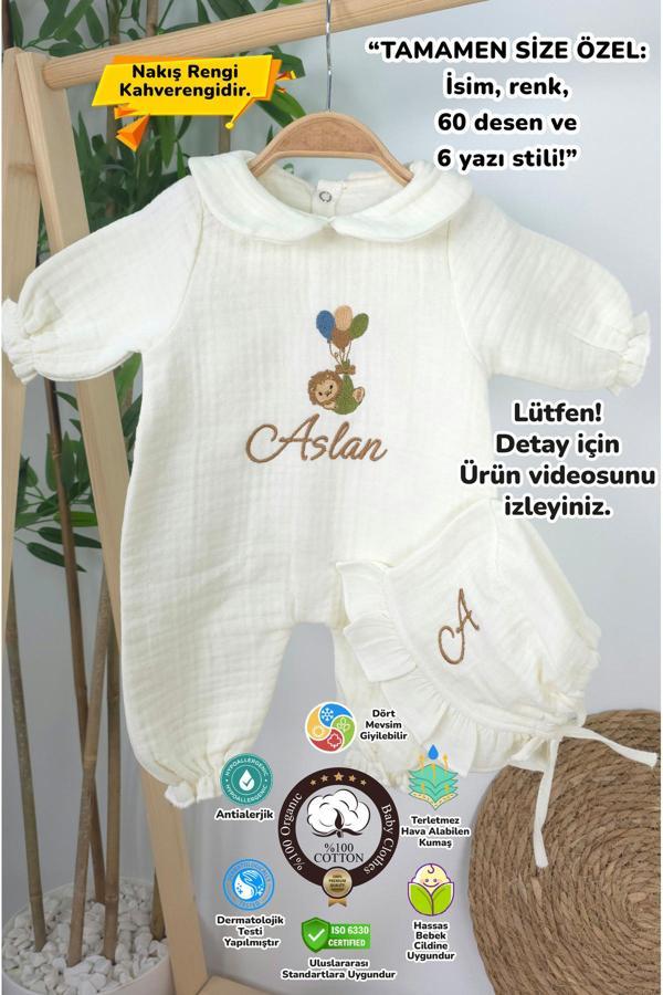 Gros Shop Müslin Yeni Doğan 4Katlı Organik %100Pamuk Kişiye Özgü Nakışlı Hastane Çıkış Seti-Aslan Model - Image 1