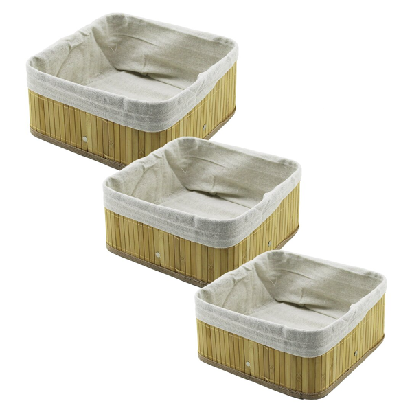 3 BOY KARE BAMBU KENAR ORGANİZER SEPET AHŞAP ALTLIK - BEZLİ 17X17-21X21-26X26CM (2818) - Image 1