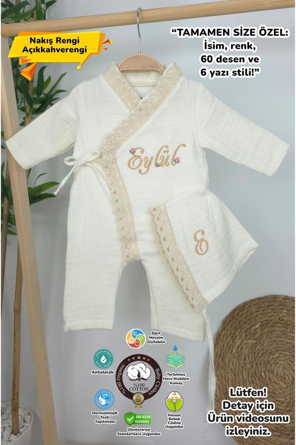Gros Shop Müslin Yeni Doğan 4Katlı Organik %100Pamuk Kişiye Özgü Nakışlı Hastane Çıkış Seti (Kalpli Model-5) - Image 1