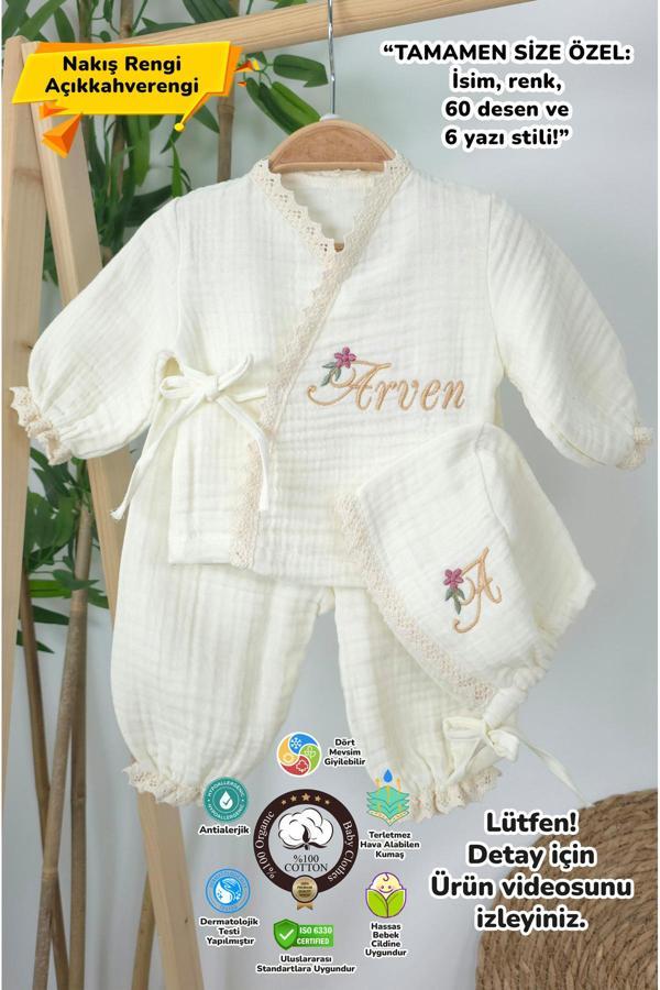 Gros Shop Müslin Yeni Doğan 4Katlı Organik %100Pamuk Kişiye Özgü Nakışlı Hastane Çıkış Seti-Papatya - Image 1