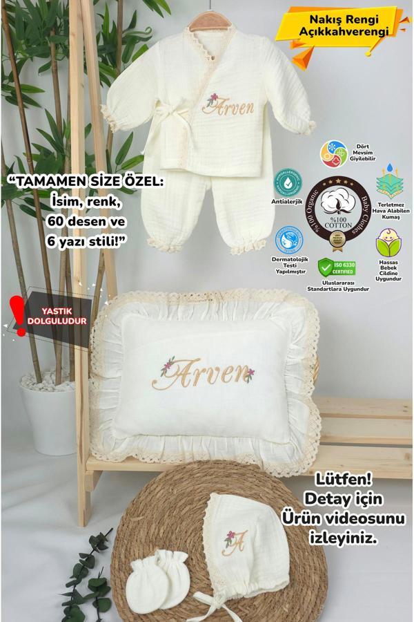Gros Shop Müslin Yeni Doğan 4Katlı Organik %100Pamuk Kişiye Özgü Nakışlı Hastane Çıkış Seti-Papatya - Image 1
