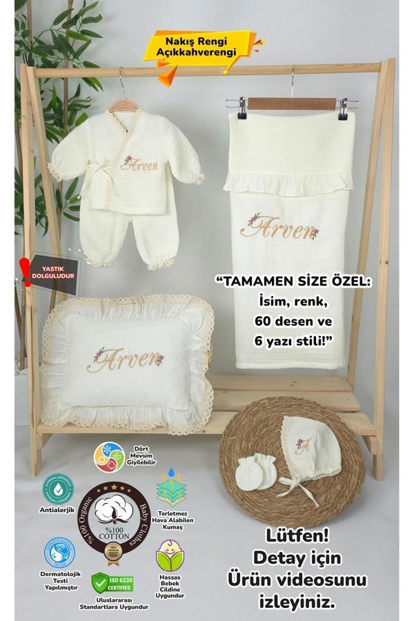 Gros Shop Müslin Yeni Doğan 4Katlı Organik %100Pamuk Kişiye Özgü Nakışlı Hastane Çıkış Seti-Papatya - Image 1