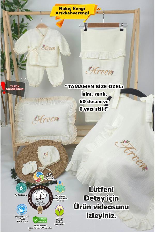 Gros Shop Müslin Yeni Doğan 4Katlı Organik %100Pamuk Kişiye Özgü Nakışlı Hastane Çıkış Seti-Papatya - Image 1