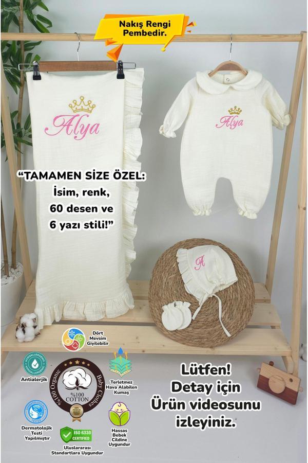 Gros Shop Müslin Yeni Doğan 4Katlı Organik %100Pamuk Kişiye Özgü Nakışlı Hastane Çıkış Seti-Taçlı Gold - Image 1