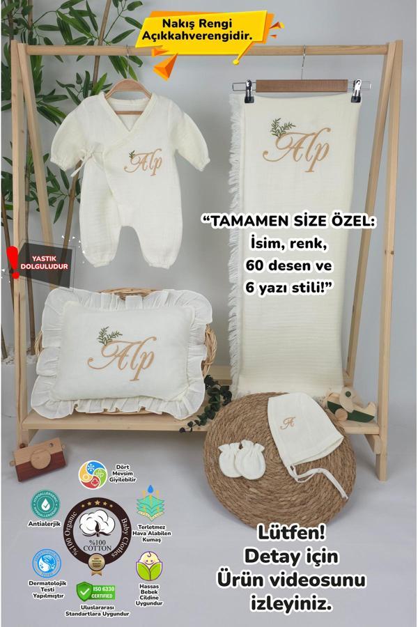 Gros Shop Müslin Yeni Doğan 4Katlı Organik %100Pamuk Kişiye Özgü Nakışlı Hastane Çıkış Seti-Dal Model - Image 1