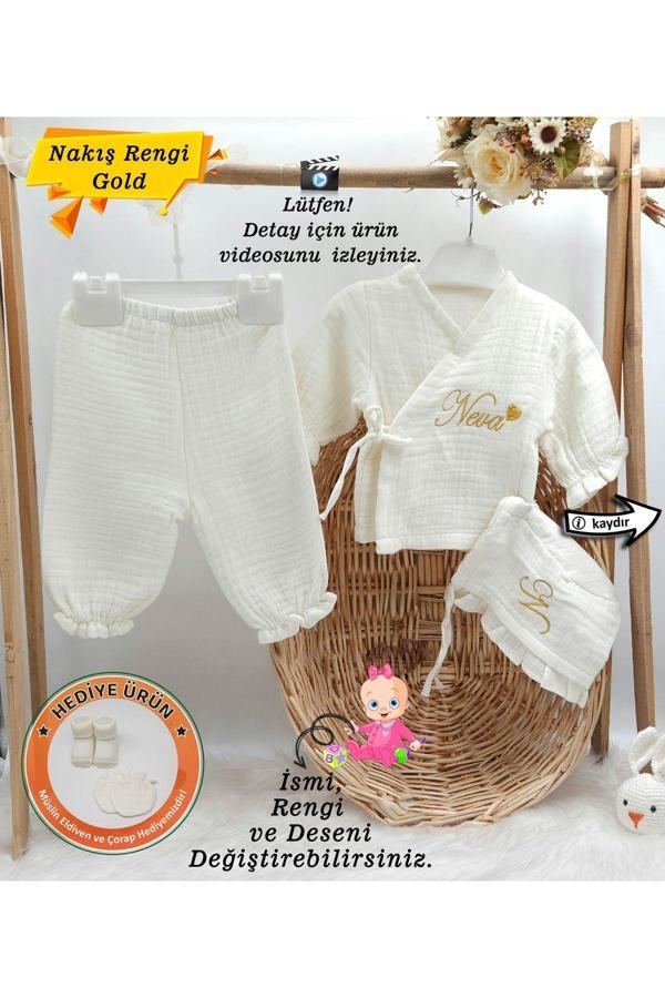 Gros Shop Yeni Doğan Müslin 3'Li Kimono Bağcıklı Tulum %100 Pamuk Organik (Kişiye Özgü İsimli Nakış Desenli) - Image 1