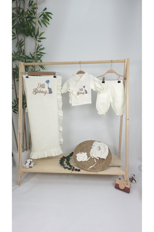 Gros Shop Müslin Yeni Doğan 4Katlı Organik %100Pamuk Kişiye Özgü Nakışlı Hastane Çıkış Seti-Kahverengi-Filli - Image 1