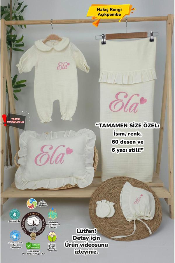 Gros Shop Müslin Yeni Doğan 4Katlı Organik %100Pamuk Kişiye Özgü Nakışlı Hastane Çıkış Seti (Kalpli Model-4) - Image 1